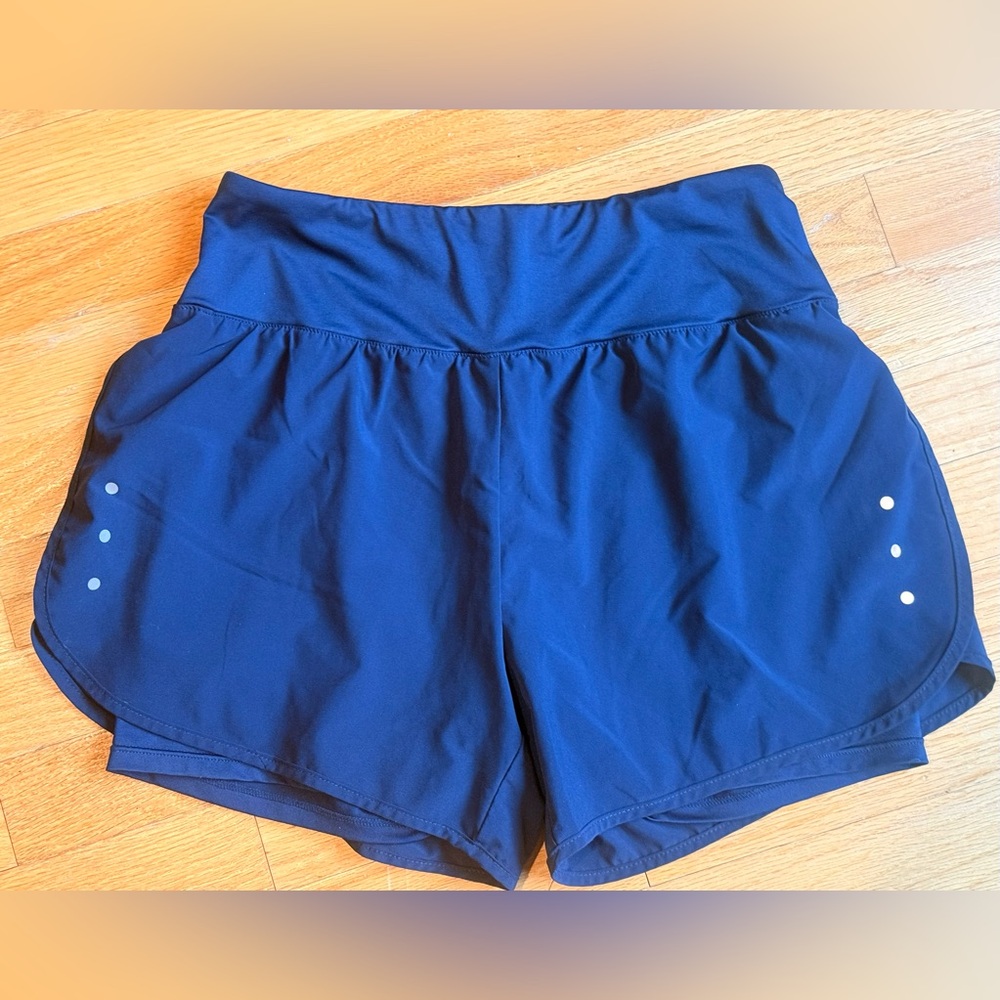 Ksmien Women's 2-in-1 Athletic Running Shorts High Waisted Lined Navy Blue sz S